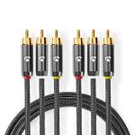 Composite Video kabel | 3x RCA Han | 3x RCA Han | Guldplateret | 480p | 2.00 m | Runde | Bomuldsstof | Anthracite / Metal | Cover Window Box