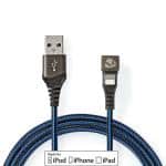 USB-kabel | USB 2.0 | Apple Lightning 8-pin | USB-A han | 480 Mbps | 12 W | Nikkelplateret | 1.00 m | Runde | Flettet / Nylon | Blå / Sort | Cover Window Box